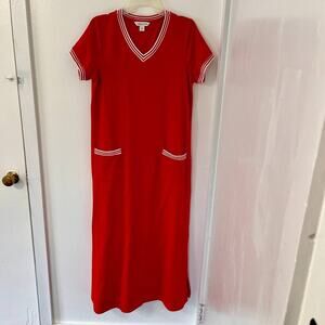 Coldwater Creek Maxi Dress Red Size Medium Short Sleeves V-Neck Front Pockets